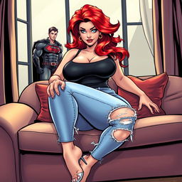 A very realistic comic book style illustration of a curvy woman with flame red hair in an exaggerated hourglass shape, sitting in a provocative position on a stylish couch