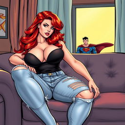 A very realistic comic book style illustration of a curvy woman with flame red hair in an exaggerated hourglass shape, sitting in a provocative position on a stylish couch