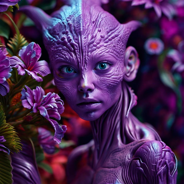 A hyper-realistic 3D cinema photograph of a beautiful lilac alien-human hybrid, with predominantly human features but an alien vibe