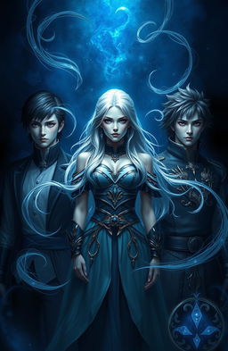 A captivating fantasy scene inspired by 'Awakenorphans' and 'Orphans Destiny' by Aster, featuring a mystical blue and black background