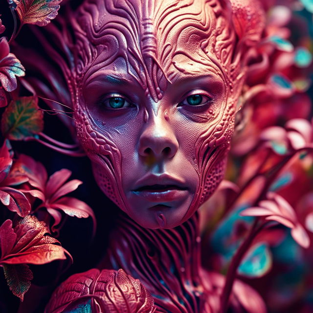 A third hyper-realistic 3D cinema photograph, surpassing the beauty of the previous images, featuring a rose gold alien-human hybrid with more human features