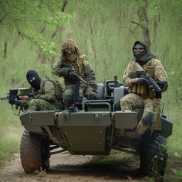 3 combatants in military fatigue and skeleton face masks and armed with assault rifles in a rugged terrain vehicle