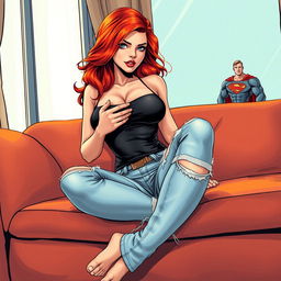 A very realistic comic book style illustration of a beautiful, sexy woman with flame red hair in an exaggerated hourglass shape, sitting provocatively on a couch