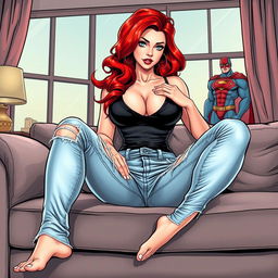 A very realistic comic book style illustration of a beautiful, sexy woman with flame red hair in an exaggerated hourglass shape, sitting provocatively on a couch