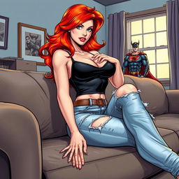 A very realistic comic book style illustration of a beautiful, sexy woman with flame red hair in an exaggerated hourglass shape, sitting provocatively on a couch