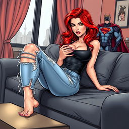A very realistic comic book style illustration of a beautiful, sexy woman with flame red hair in an exaggerated hourglass shape, sitting provocatively on a couch