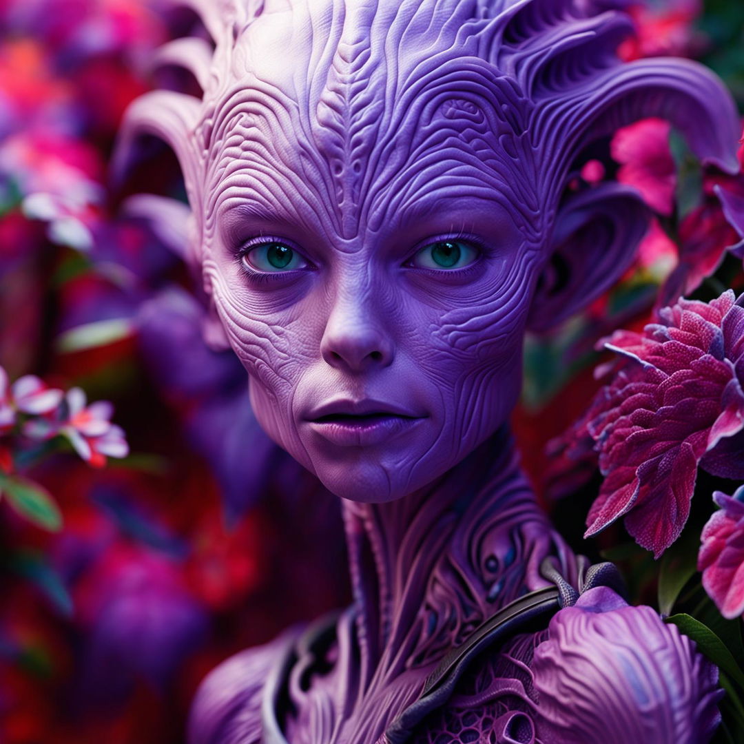 A second, more beautiful hyper-realistic 3D cinema photograph of a lilac alien-human hybrid with predominantly human features