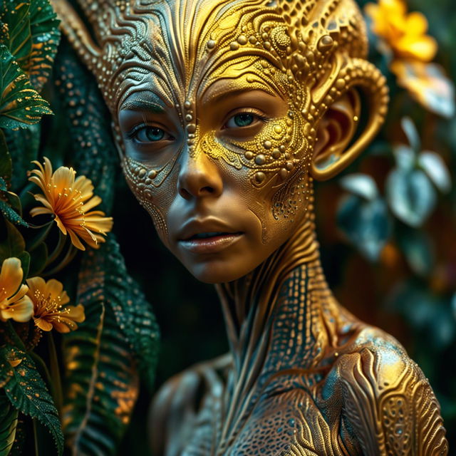 A fourth hyper-realistic 3D cinema photograph, surpassing the beauty of the previous images, featuring a gold-toned alien-human hybrid with more human features