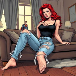 A very realistic comic book style illustration of a beautiful, sexy woman with flame red hair in an exaggerated hourglass figure, sitting on a stylish couch