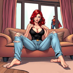 A very realistic comic book style illustration of a beautiful, sexy woman with flame red hair in an exaggerated hourglass figure, sitting on a stylish couch