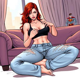 A very realistic comic book style illustration of a beautiful, sexy woman with flame red hair in an exaggerated hourglass figure, sitting on a stylish couch