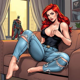 A very realistic comic book style illustration of a beautiful, sexy woman with flame red hair and an exaggerated hourglass figure, sitting on a couch in a captivating pose