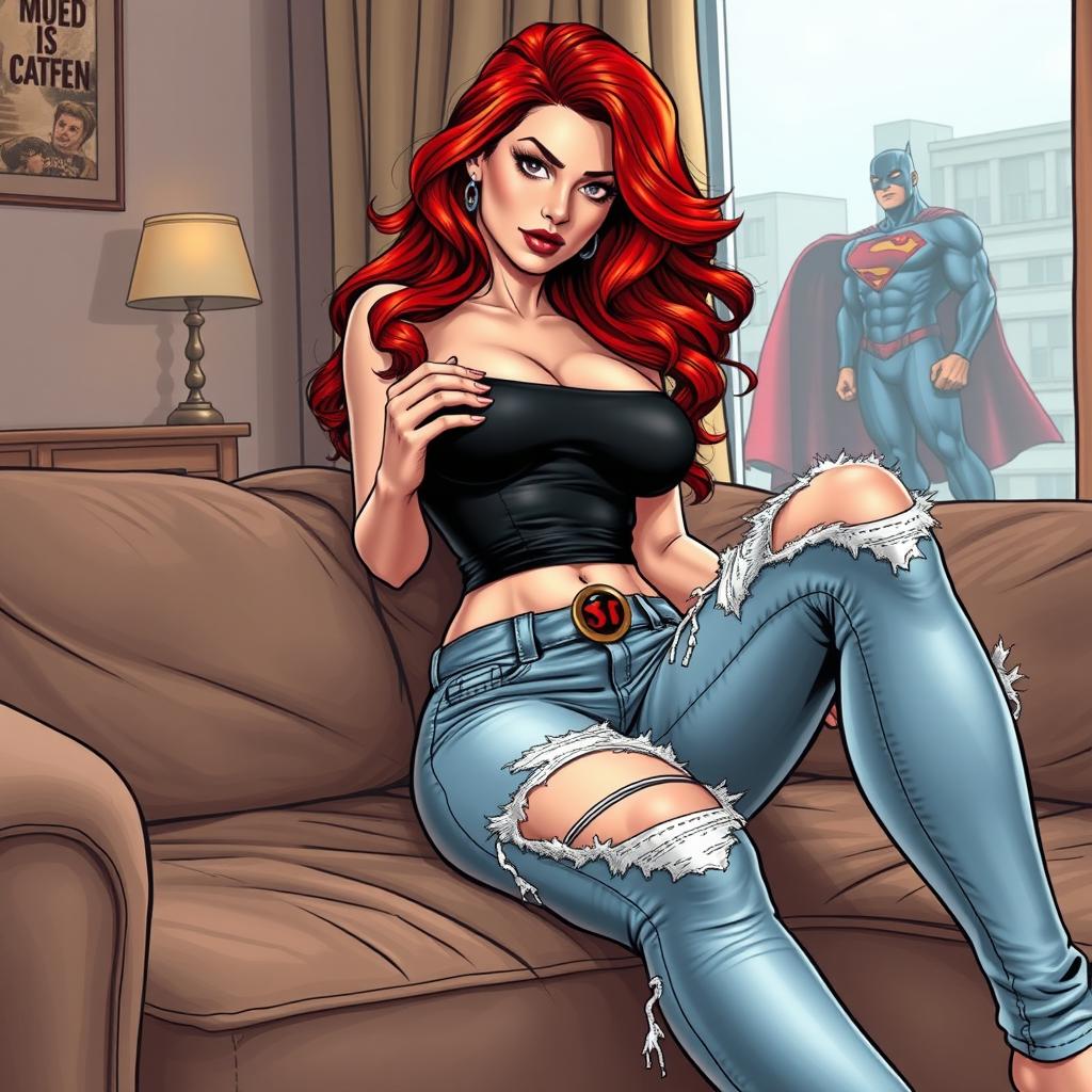 A very realistic comic book style illustration of a beautiful, sexy woman with flame red hair and an exaggerated hourglass figure, sitting on a couch in a captivating pose