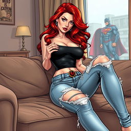 A very realistic comic book style illustration of a beautiful, sexy woman with flame red hair and an exaggerated hourglass figure, sitting on a couch in a captivating pose
