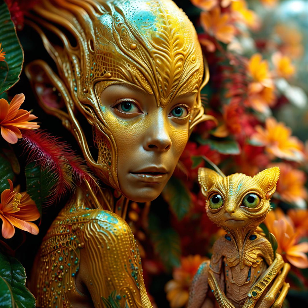 A fifth hyper-realistic 3D cinema photograph, surpassing the beauty of the previous images, featuring a gold-toned alien-human hybrid with more human features and her alien pet