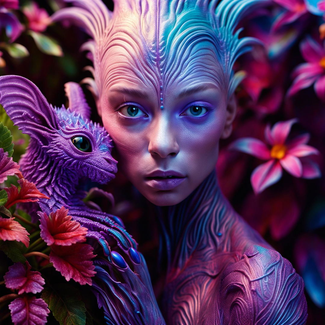 A second, more beautiful hyper-realistic 3D cinema photograph of a lilac alien-human hybrid with predominantly human features and a unique alien pet