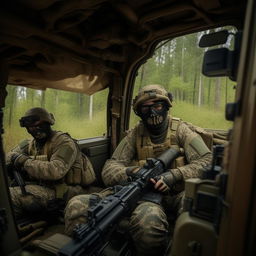 3 combatants in military fatigue and skeleton face masks and armed with assault rifles in a rugged terrain vehicle