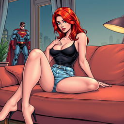 A very realistic comic book style illustration of a beautiful, sexy woman with flame red hair in an exaggerated hourglass shape, sitting on a stylish couch