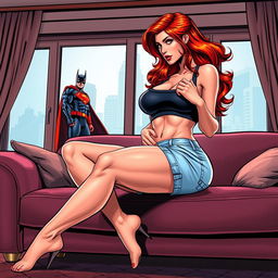 A very realistic comic book style illustration of a beautiful, sexy woman with flame red hair in an exaggerated hourglass shape, sitting on a stylish couch