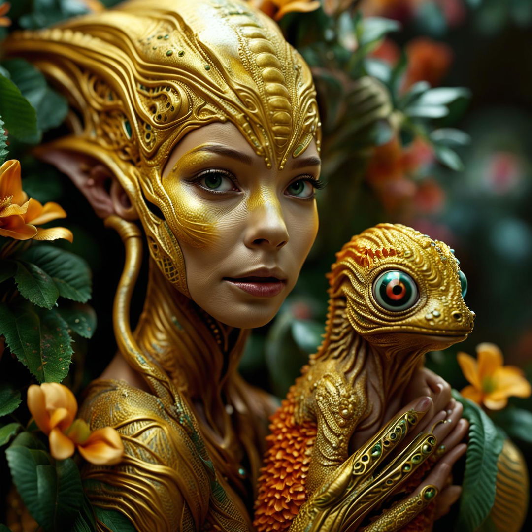 A fifth hyper-realistic 3D cinema photograph, surpassing the beauty of the previous images, featuring a gold-toned alien-human hybrid with more human features and her alien pet