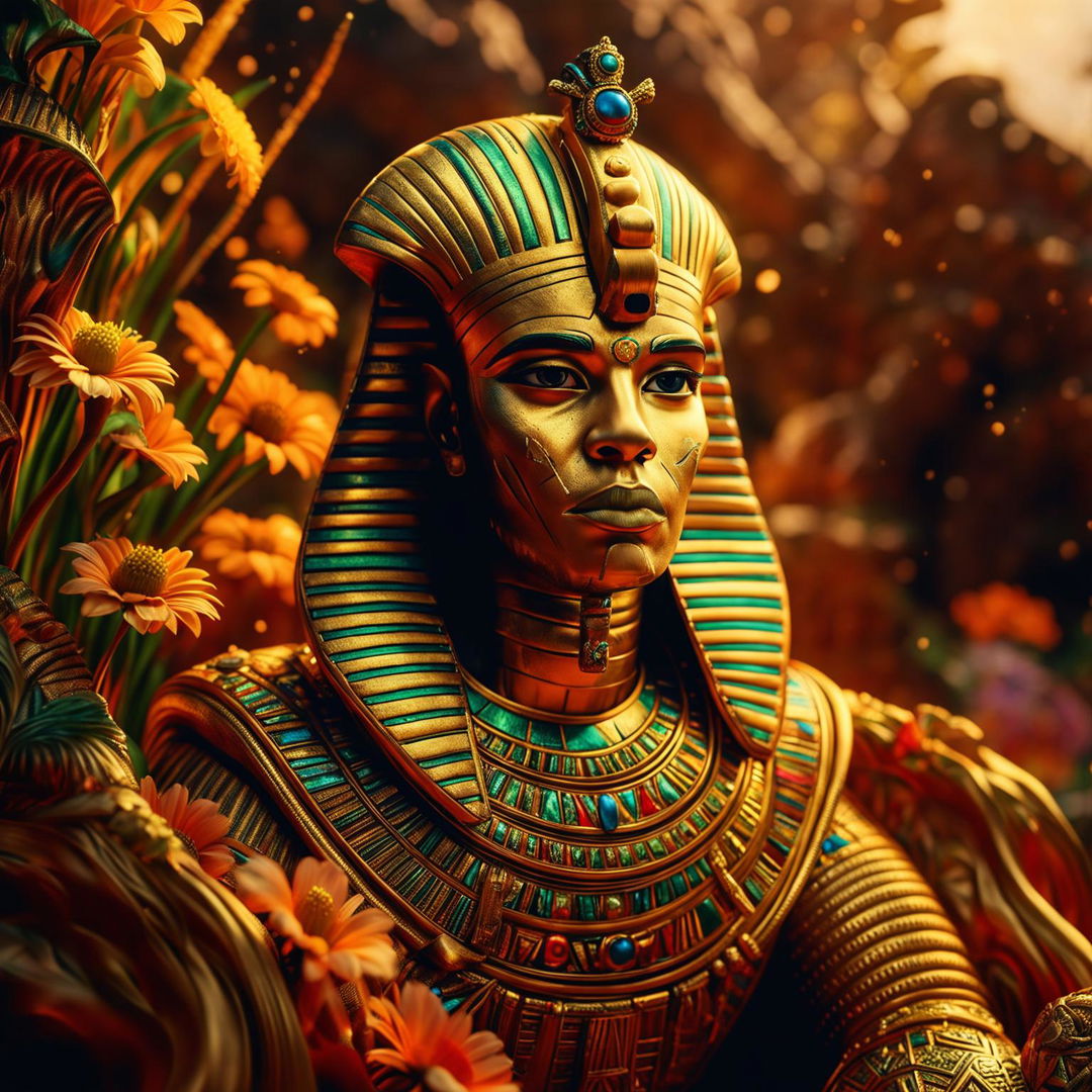 A hyper-realistic, high-definition 3D cinema photograph portraying a powerful Egyptian pharaoh amidst a vibrant, flower-filled landscape