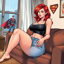 A very realistic comic book style illustration of a beautiful, sexy woman with flame red hair and an exaggerated hourglass figure, sitting on a stylish couch