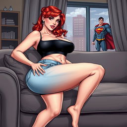 A very realistic comic book style illustration of a beautiful, sexy woman with flame red hair and an exaggerated hourglass figure, sitting on a stylish couch