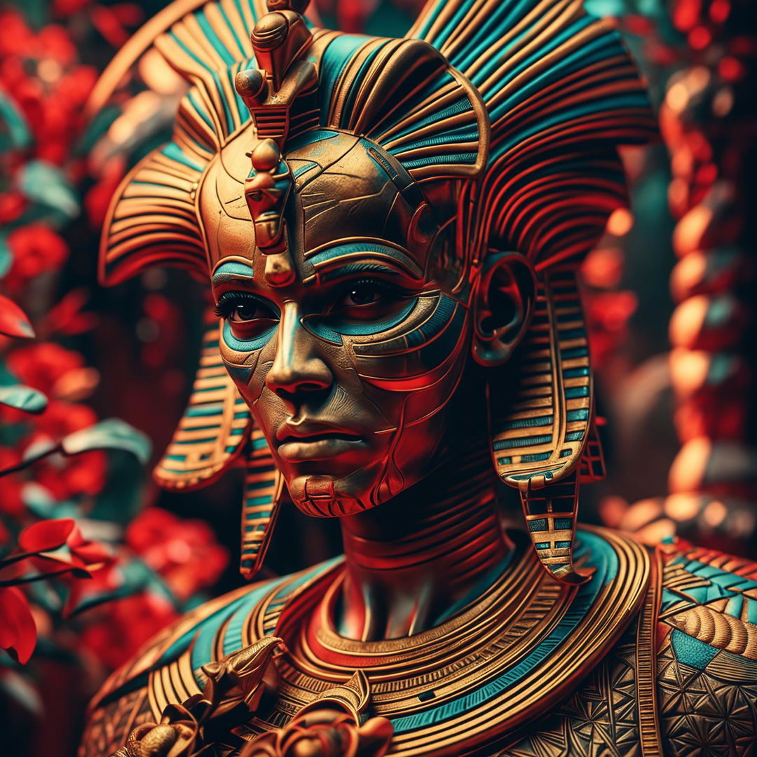 A high-definition, hyper-realistic 3D cinema photograph of an Egyptian Pharaoh, depicted in vibrant colours with a close-up shot for inane details