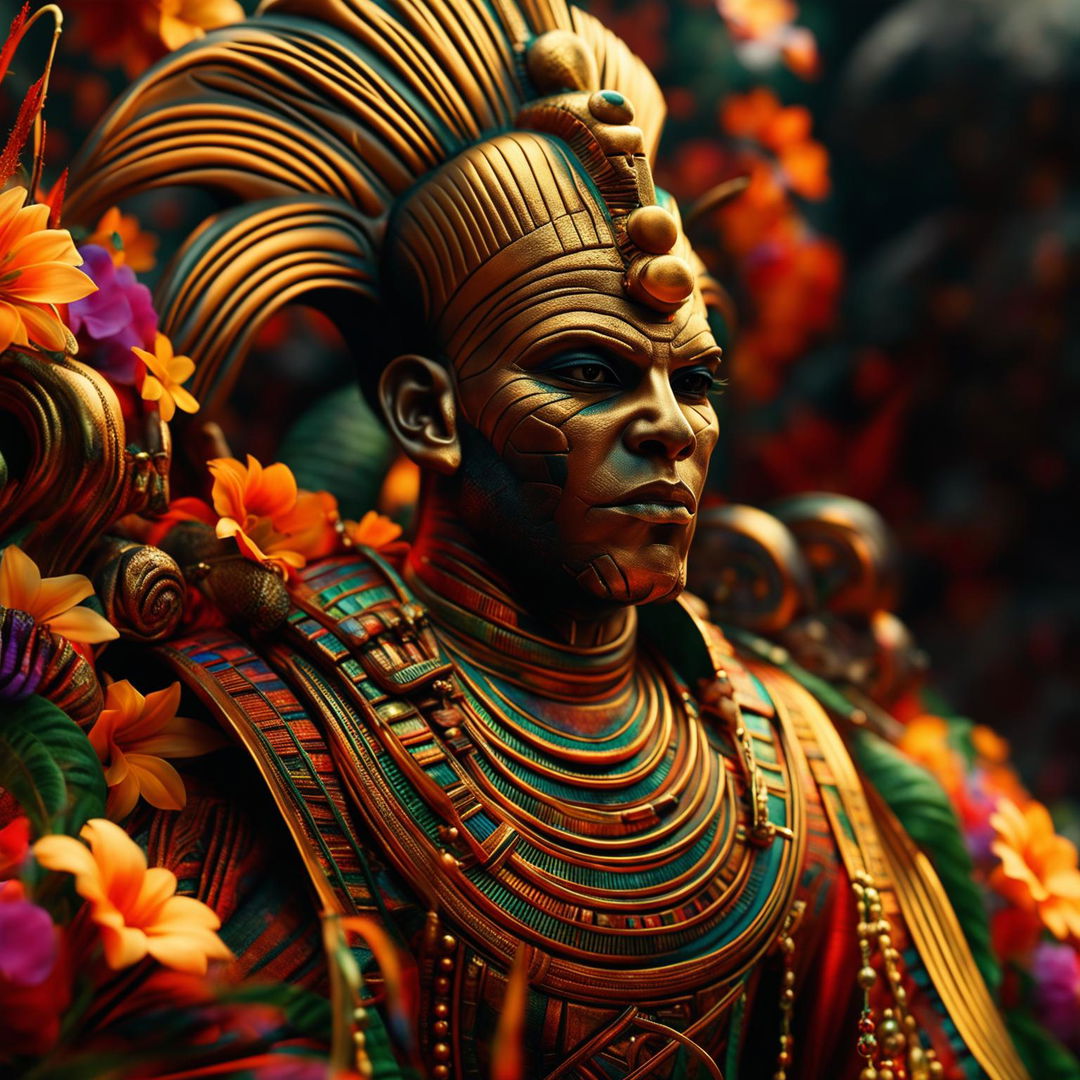 A hyper-realistic 3D cinematic photograph of a human Egyptian pharaoh with magic powers, adorned in vibrant traditional attire, surrounded by a colourful floral backdrop