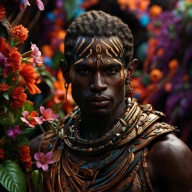 This is a hyper-realistic 3D cinematic photograph of a handsome African tribal elf, captured in close-up with vibrant colours and intricate details