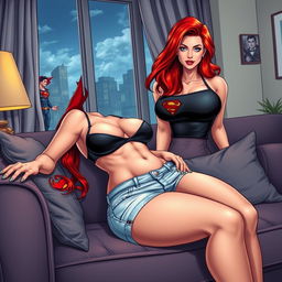A realistic comic book style illustration featuring a beautiful, sexy woman with flame red hair and an exaggerated hourglass figure, comfortably sitting on a stylish couch