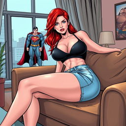 A realistic comic book style illustration featuring a beautiful, sexy woman with flame red hair and an exaggerated hourglass figure, comfortably sitting on a stylish couch
