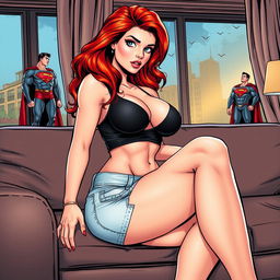A realistic comic book style illustration featuring a beautiful, sexy woman with flame red hair and an exaggerated hourglass figure, comfortably sitting on a stylish couch