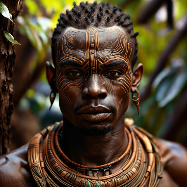 This 3D cinematic photograph now features a different African tribal man, depicted with enhanced realism and intercut detailing