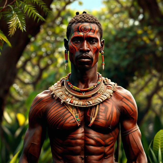 This 3D cinematic photograph features a different African tribal man, portrayed with enhanced realism and detail