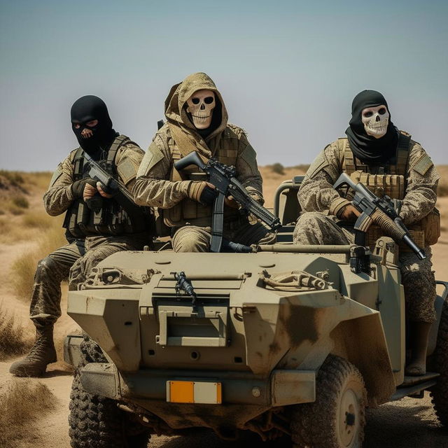 3 combatants in military fatigue and skeleton face masks and armed with assault rifles in a rugged terrain vehicle