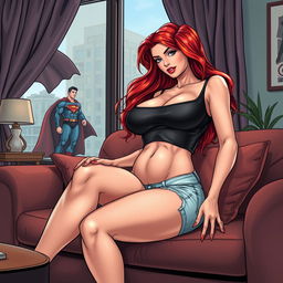 A realistic comic book style illustration of a beautiful, sexy woman with long flame red hair and an exaggerated hourglass figure