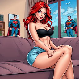 A realistic comic book style illustration of a beautiful, sexy woman with long flame red hair and an exaggerated hourglass figure, sitting on a stylish couch