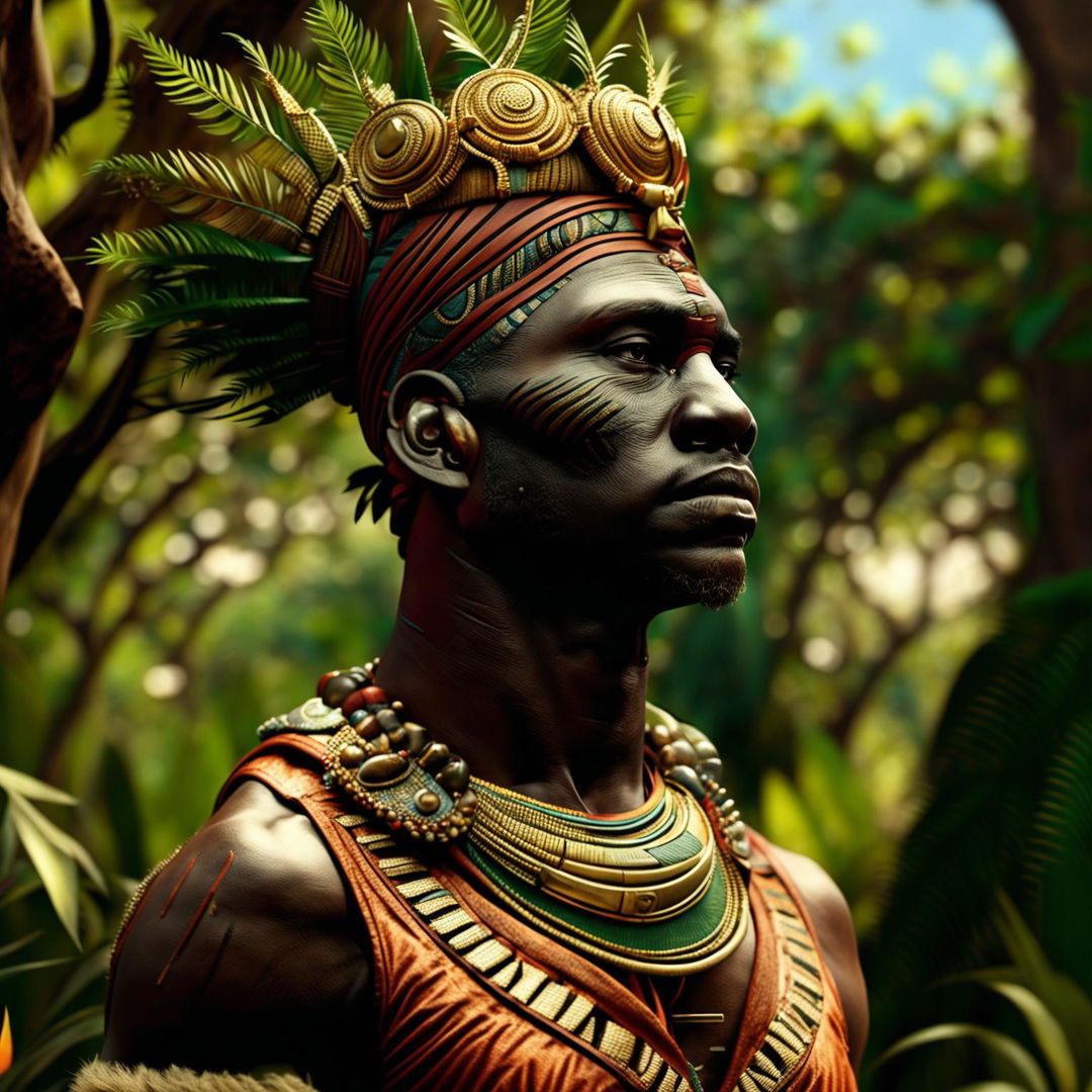 This 3D cinematic photograph features a different African tribal king, portrayed with enhanced realism and detail