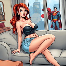 A realistic comic book style illustration of a beautiful, sexy woman with long flame red hair and an exaggerated hourglass figure, sitting on a stylish couch