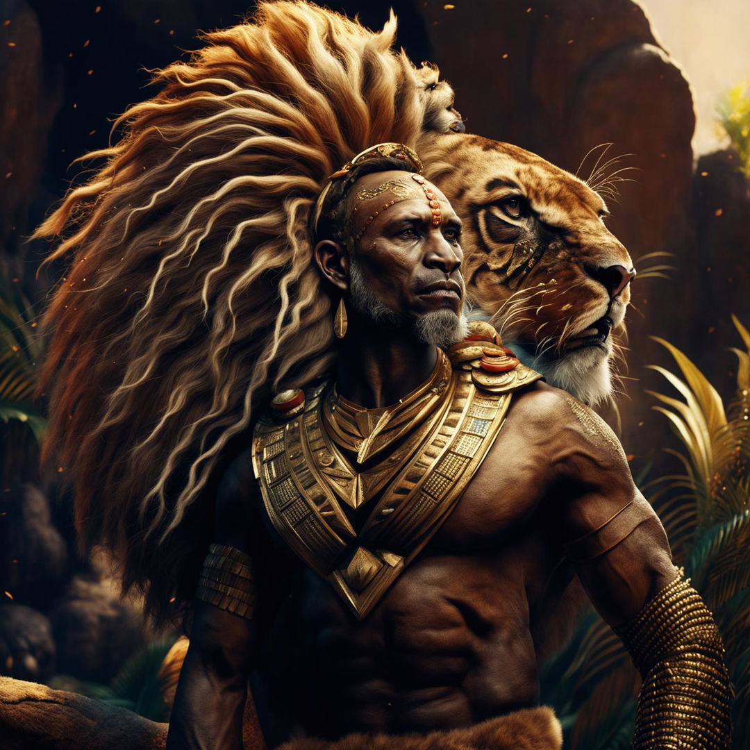 This 3D cinematic photograph features a different African tribal king, portrayed with enhanced realism and detail, accompanied by his majestic pet lion