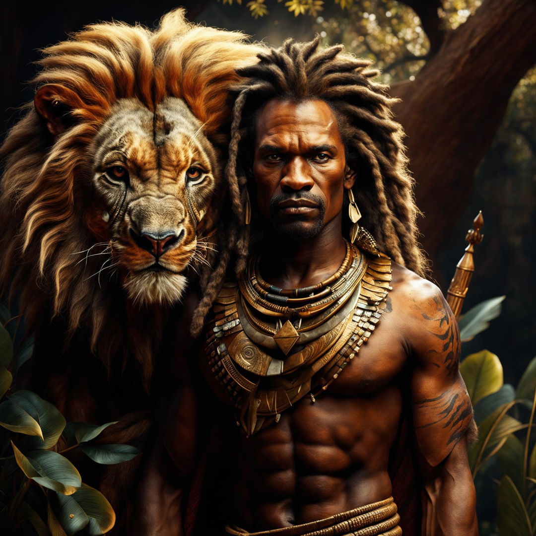 This 3D cinematic photograph features a different African tribal man, portrayed with enhanced realism and detail, accompanied by his majestic pet lion