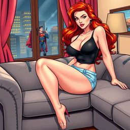 A stunning illustration of a beautiful and sexy woman with long flame red hair and an exaggerated hourglass figure, lounging on a stylish couch