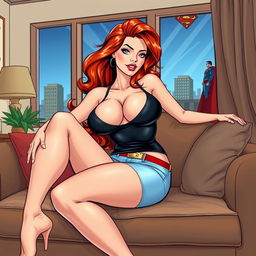 A stunning illustration of a beautiful and sexy woman with long flame red hair and an exaggerated hourglass figure, lounging on a stylish couch