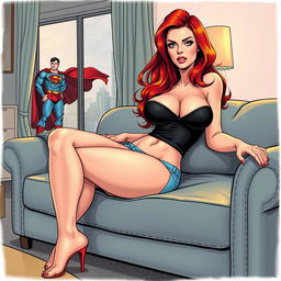 A stunning illustration of a beautiful and sexy woman with long flame red hair and an exaggerated hourglass figure, lounging on a stylish couch