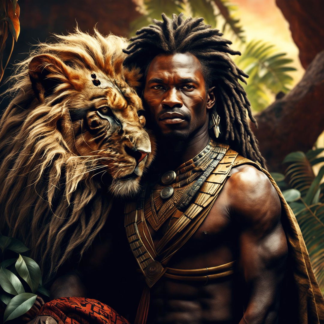 This 3D cinematic photograph features a different African tribal man, portrayed with enhanced realism and detail, accompanied by his majestic pet lion