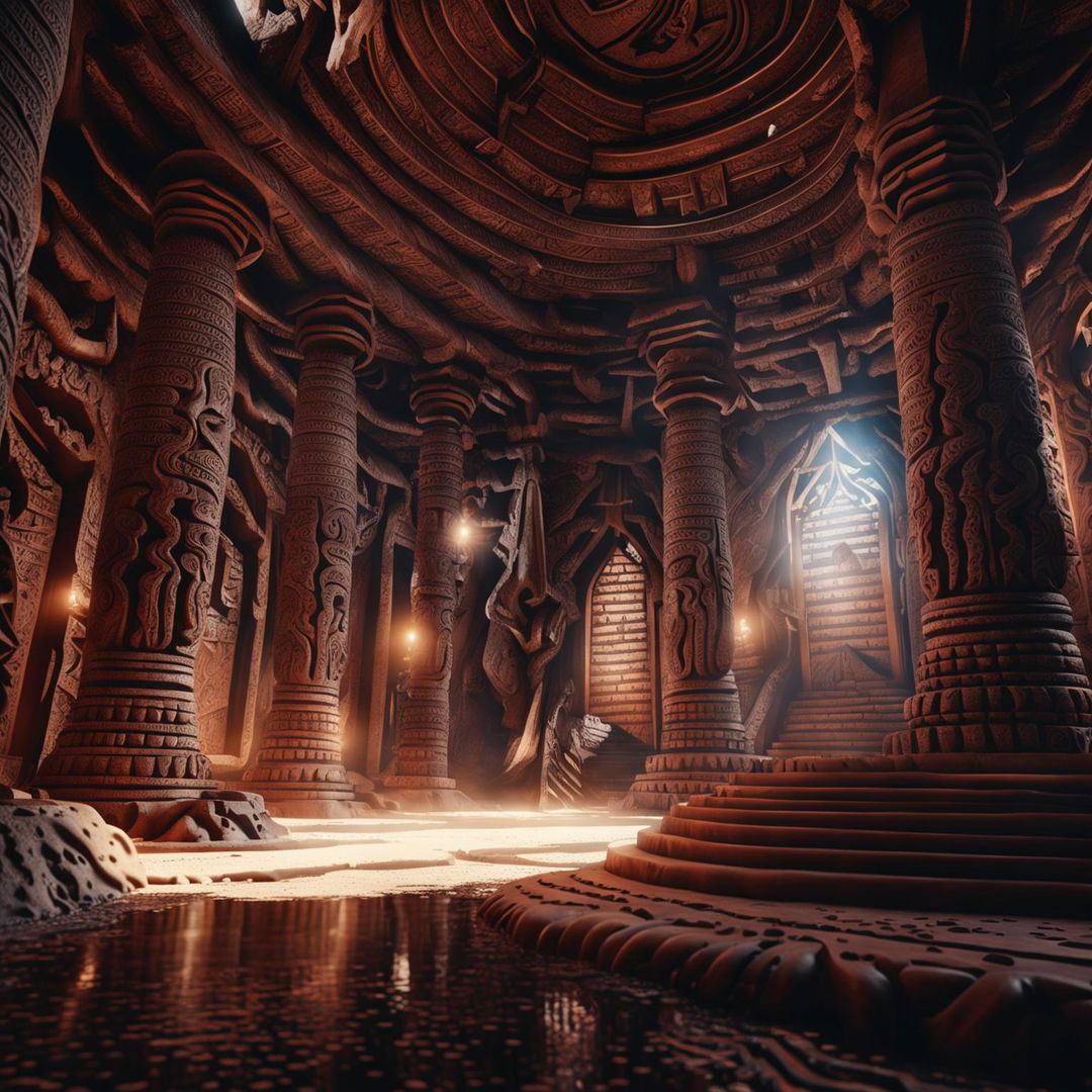 This ultra-high-definition, hyper-realistic 3D rendering captures the awe-inspiring interior of an ancient African temple