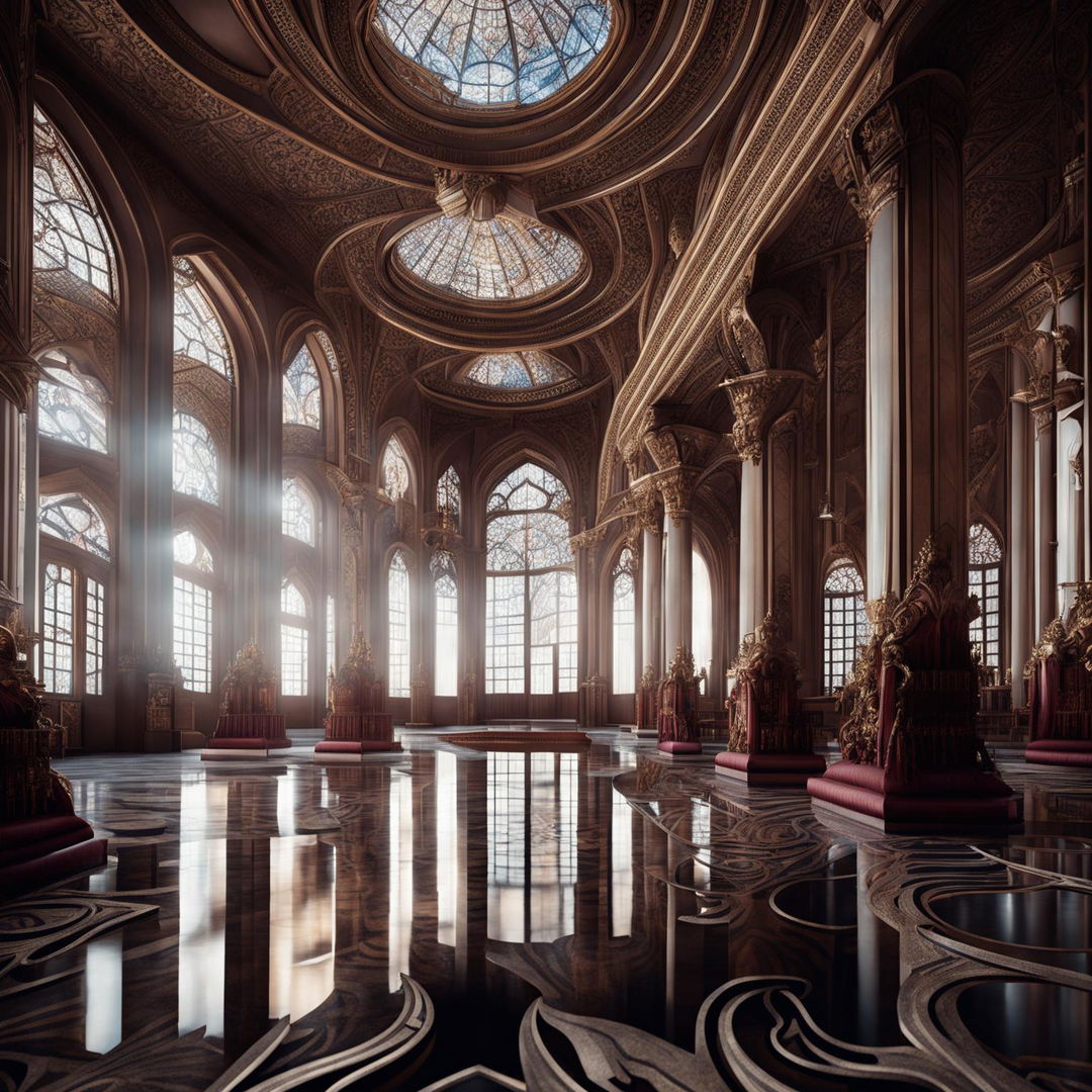 This ultra-high-definition, hyper-realistic 3D rendering captures the regal interior of a grand palace