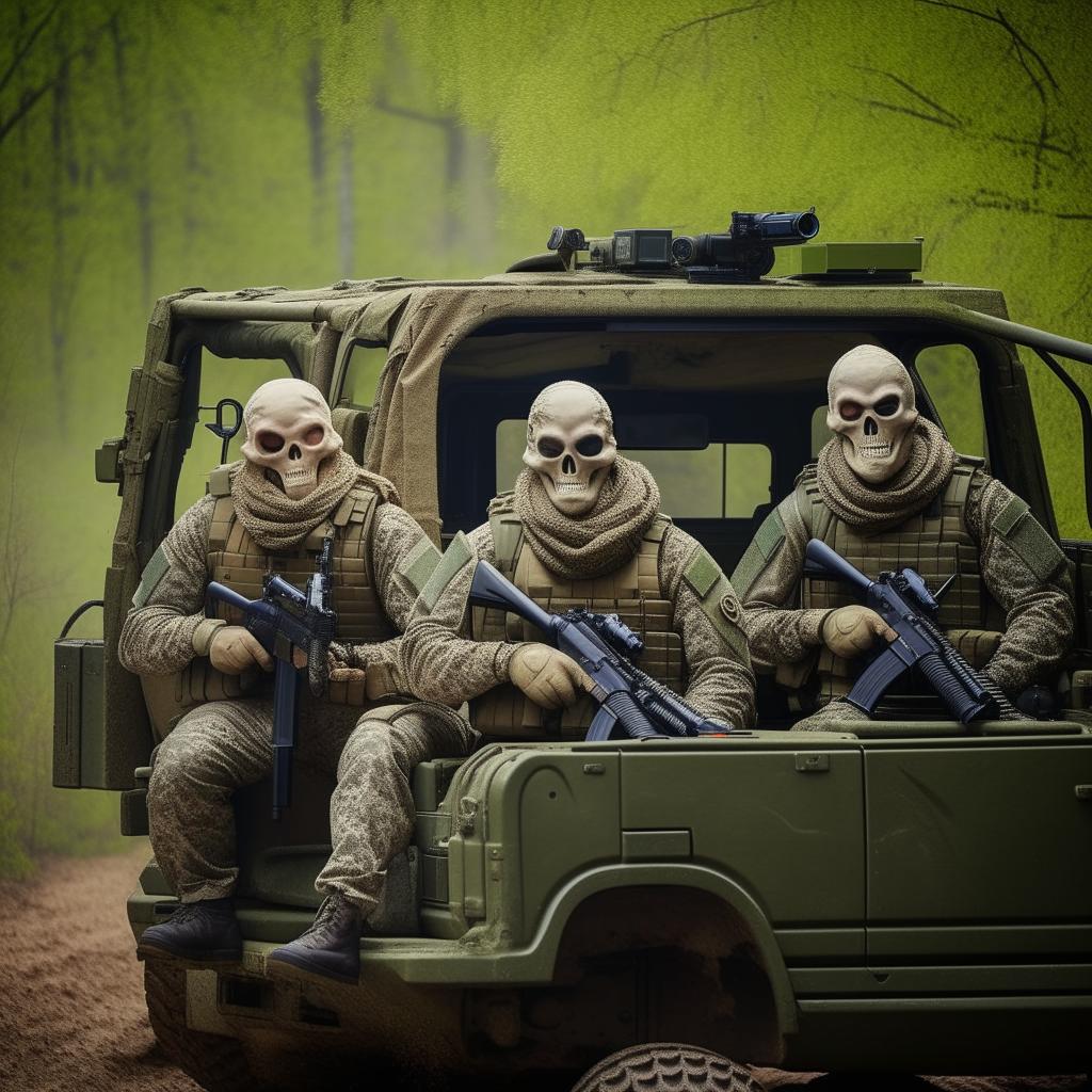 3 combatants in military fatigue and skeleton face masks and armed with assault rifles in a rugged terrain vehicle