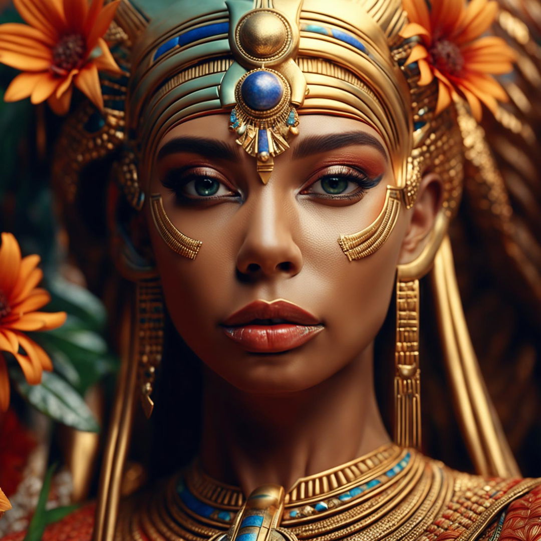 A high-definition, hyper-realistic 3D cinema photograph of an ancient Egyptian queen, with an enhanced focus on the realism of her skin